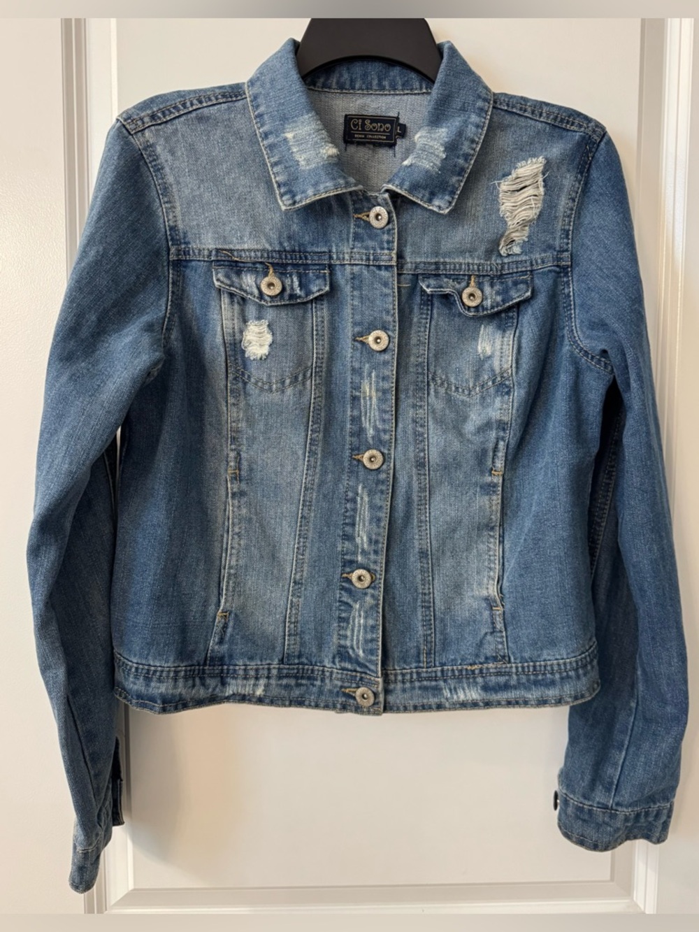 #z120 - Ci Sono Cropped Destructed Medium Wash Blue Denim Trucker Jean Jacket